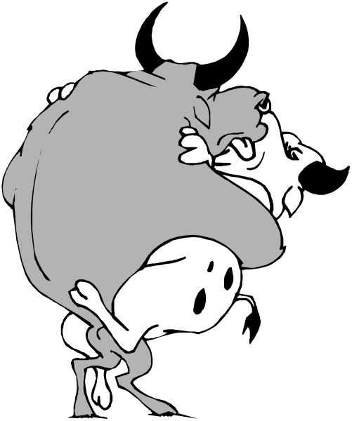 The black and white cartoon shows a large sack of money with two smaller bags inside it being held by an unseen person's hands from behind; there is no text present in this image.