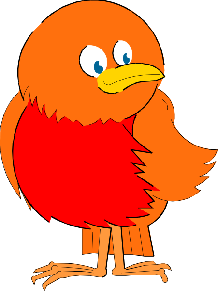 The image shows a cartoon of an orange bird with red feathers on its wings standing upright next to what appears to be a small building structure in front of it.