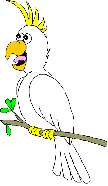 The image shows a cartoon parrot with an exaggerated expression sitting on top of another bird's head while holding onto its beak for support; both birds appear to have human-like faces expressing surprise, and there is no background detail provided in this clip art style illustration.