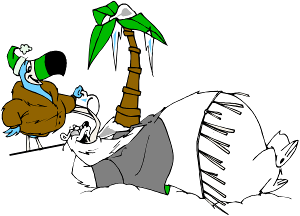 The image shows a cartoon of two characters: an anthropomorphic cat with blue hair wearing glasses on its head lying down next to palm trees; above them is another character who appears to be in distress as it looks up at the first, possibly seeking help or comfort from being scared by something off-screen.