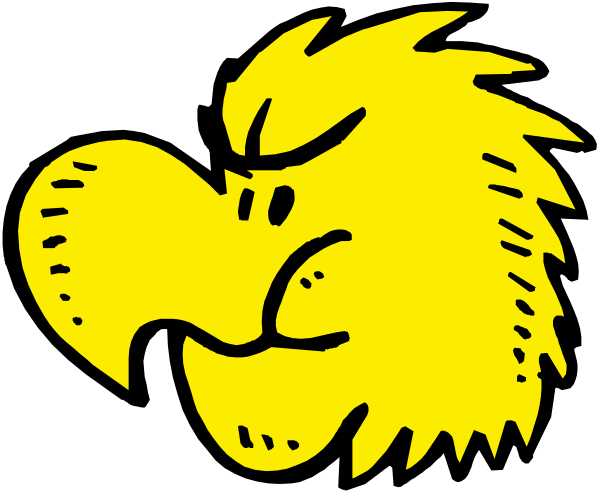 The image shows a cartoon of an angry bird with its beak open against a black background.