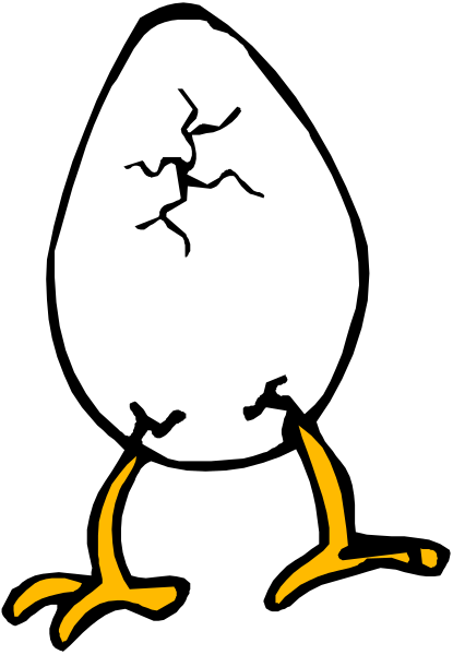 The image shows a cartoon of an egg with cracks on it sitting next to what appears to be a chicken foot in front of a black background.