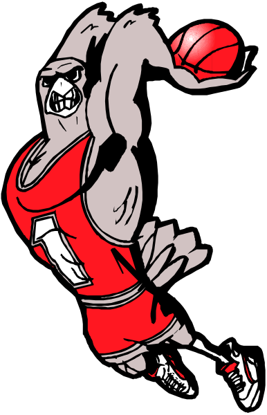 The image shows a cartoon of an animated basketball player with exaggerated features wearing red jersey number 1, holding a ball in his right hand while jumping into mid-air on what appears to be a court background. He is depicted as muscular and athletic, characterized by large biceps and intense facial expression. The style suggests it's an illustration or clip art rather than photographic image. There are no other objects or people in the frame; only one character with his focus on shooting the ball into a hoop that isn't visible within this cropped section of
