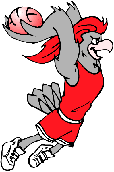 The image shows a cartoon of an anthropomorphic bird with red hair flying through midair while wearing basketball attire; it appears to be in motion against a black background.