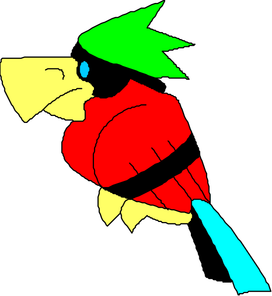 The image shows a cartoon parrot with red feathers on its wings standing next to another bird that appears to be in flight against a black background.