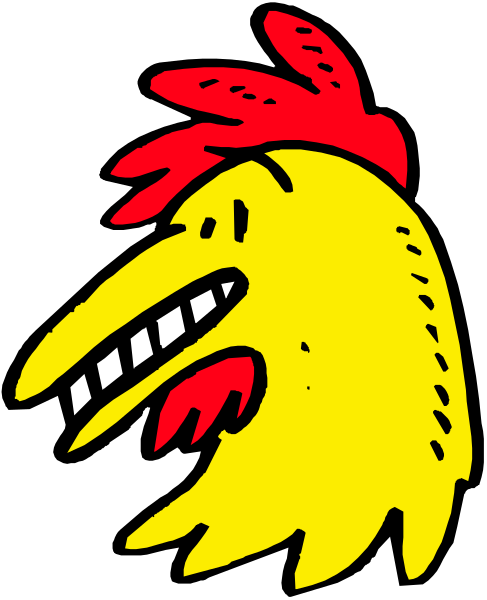 The image shows a cartoon of an anthropomorphic chicken with exaggerated facial features such as large eyes and eyebrows, wearing red shoes on its feet.