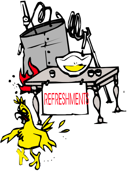 The black and white illustration depicts a scene of an oven with food inside it on top left corner; two bowls in front of each other near center bottom; text "REFRIGERATIONS" above them, indicating that this is where refreshments will be served or are being prepared. On the right side there's a chicken standing next to some fire and flames at lower middle part of image.