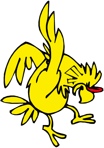 The image shows a cartoon chicken with its wings spread wide against a black background.