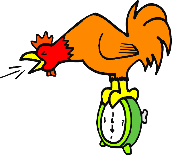 The cartoon shows a red rooster with an alarm clock on its back standing next to it while another smaller chicken is sitting inside of the open alarm clock door.