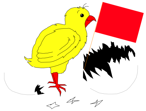 The image shows a cartoon of an orange bird holding a red flag with white stars on it while standing next to two eggs in their shells; there is also another egg cracked open behind them revealing three chicks inside, and above this scene flies a yellow chicken carrying its own smaller chick under one wing.