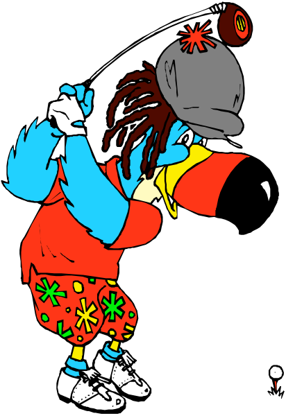 The cartoon shows a character with dreadlocks wearing sunglasses on top of their head while holding an object that resembles a microphone in one hand and what appears to be a bottle cap in another, standing next to someone who is not fully visible but seems to have long hair or possibly horn-like protrusions. The background suggests they are outdoors during the daytime with clear skies above them.