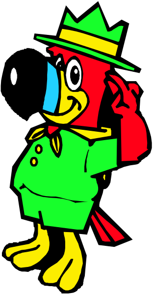 The image shows a cartoon of an anthropomorphic bird character wearing clothes with red sleeves and green pants, standing upright on two legs against a black background; it has large eyes that appear to be looking upwards towards something off-frame.