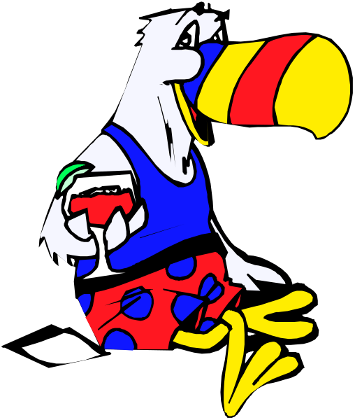 The cartoon depicts a parrot wearing swim trunks with polka dots on them while sitting down holding an ice cream cone in one hand and drinking from it using its beak.