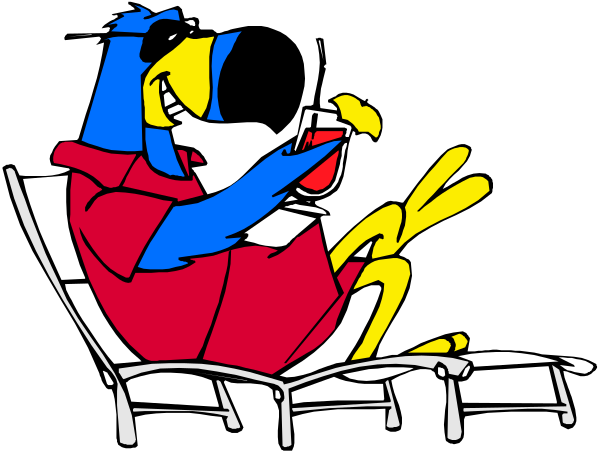 The cartoon shows a bird sitting on an empty chair with its wings spread wide while holding what appears to be a glass of wine in one hand; it's wearing sunglasses over eyes that seem closed, and there is no background detail provided beyond this scene.