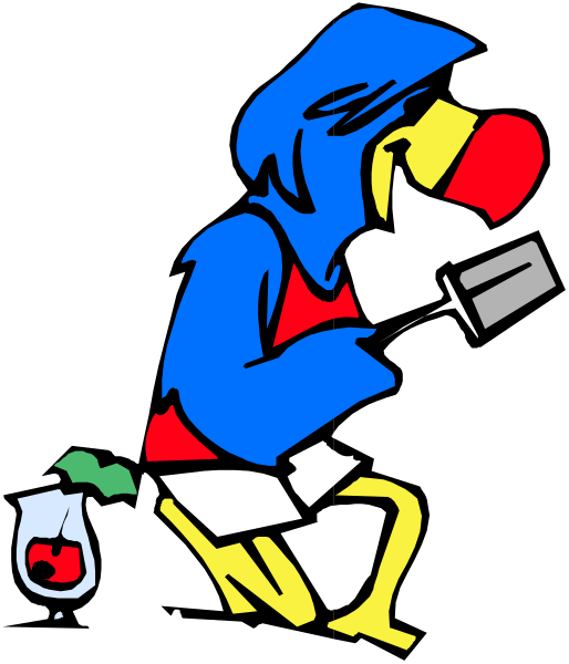 The cartoon depicts a blue bird with red wings holding an ice cream cone while standing on top of what appears to be a slice of pizza in front of it; there's also another slice next to its feet, and behind them is a black background that contrasts sharply against the colorful character.