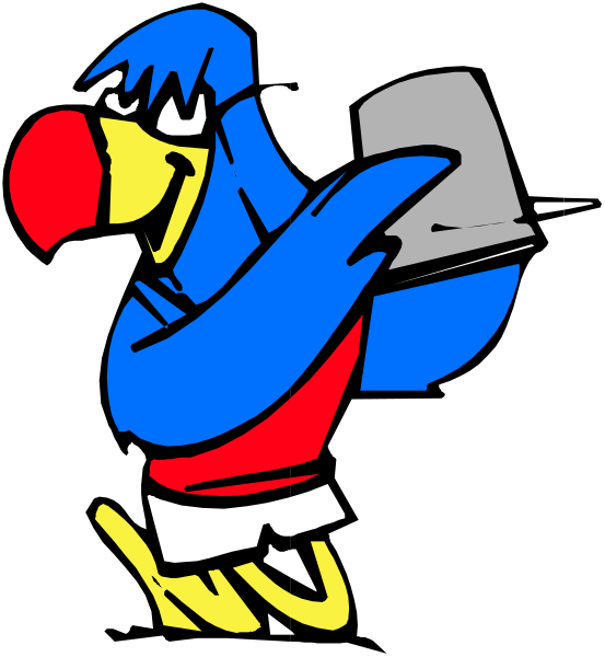 The image shows a cartoon parrot with its wings spread wide as if it's flying, standing on what appears to be an ice cream cone-shaped object that could possibly represent a platform of some sort in midair against a black background.