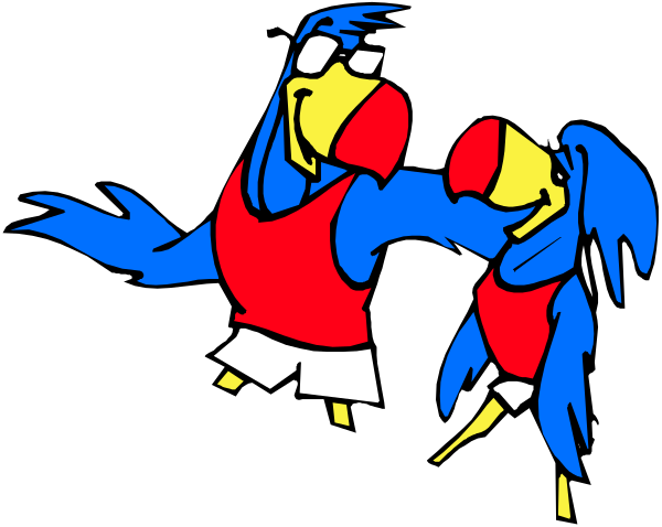 The image shows two cartoon birds with red bodies standing on a black background; there is no text present within this small clip-art picture.