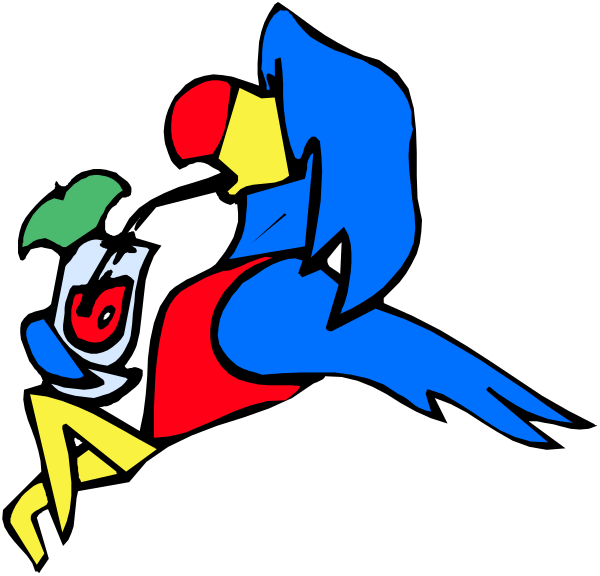 The image shows a cartoon of two birds with colorful wings flying over an abstract landscape that includes hills and trees.