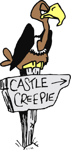 The image shows a cartoon of an eagle perched on top of a sign that reads "Caste Creepe."