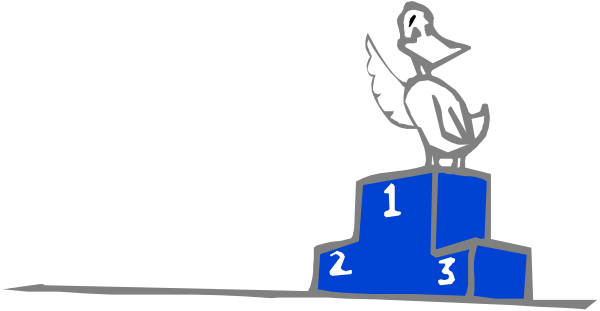 The image shows a cartoon of an owl sitting on top of three trophies with numbers 1 through 3 in front of it against a dark background. There is no text present within this small clip-art image.