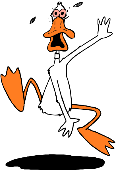 The image shows a cartoon of an anthropomorphic duck character with human arms raised above its head as if waving or celebrating, standing on one leg in front of what appears to be another figure that is partially obscured by the first; both characters have exaggerated facial features and are set against a black background.