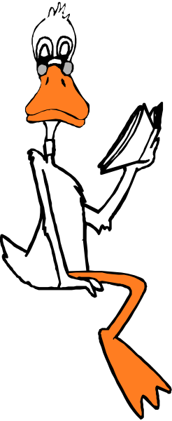 The image shows a duck character sitting on top of an open book with its wings spread out against a black background.