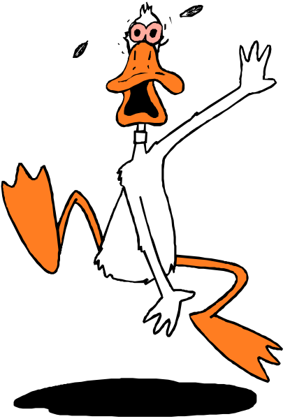 The image features a cartoon of an anthropomorphic duck character with orange feathers sitting on top of another smaller bird-like creature that appears to be in distress; both characters have exaggerated facial expressions typical for animated representations, and there is no background detail provided beyond their silhouettes against the black backdrop.