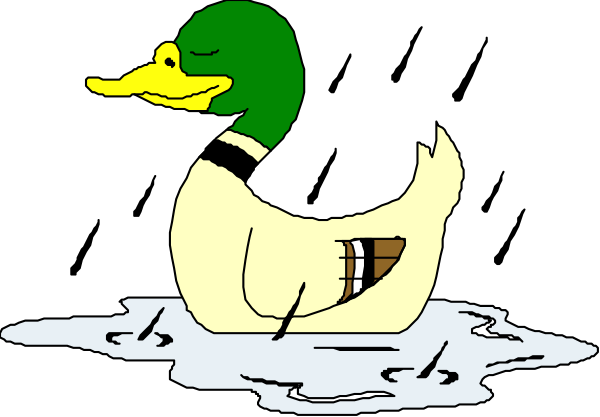 The cartoon shows a duck with its head resting on another bird's back while both birds appear to be floating above water in an outdoor environment during daylight hours.