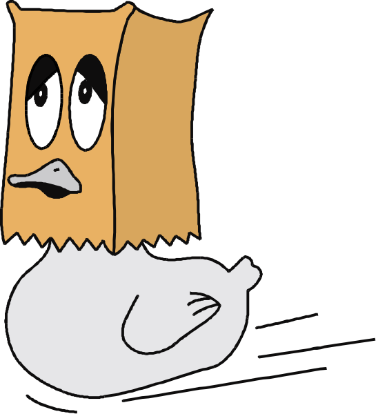The cartoon shows a duck with its head sticking out of an open bag that is sitting on top of another bird's body; both birds appear to be in motion against a dark background.