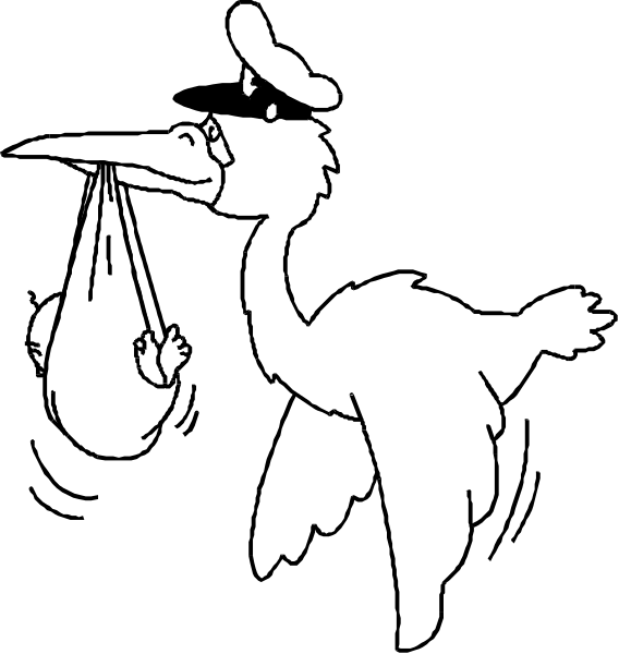 The black and white illustration shows a cartoon bird carrying an egg with its beak while standing on top of another bird that is holding onto it from below; both birds have human-like arms and legs, suggesting anthropomorphism.