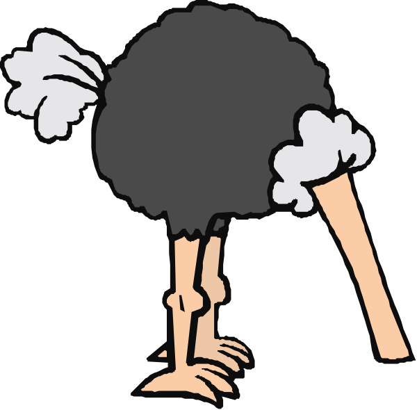 The cartoon shows a bird with its head sticking out of an ostrich's body standing on two legs next to another similar creature that is bending over as if it has just fallen down from flying, both against a black background.
