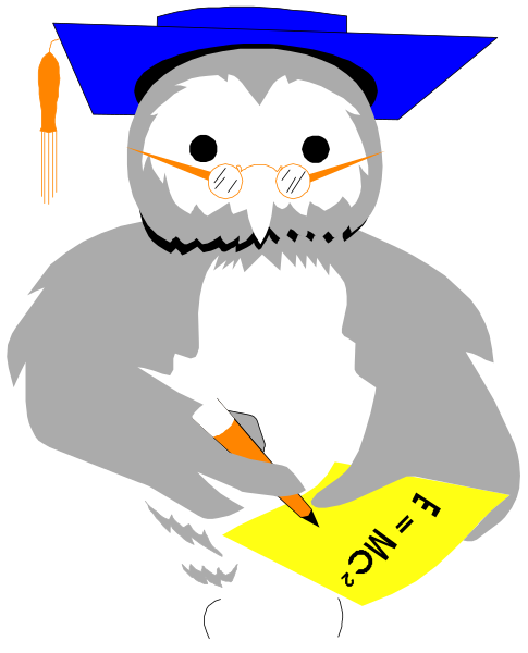The image shows a cartoon owl wearing glasses with an "F" on them, holding a paper that says "+1", standing next to a graduation cap, which is blue in color, indicating it's for males.