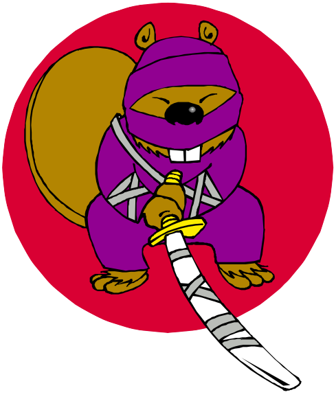 The cartoon depicts a character dressed as ninja with squirrel ears holding two swords crossed over its chest while standing on one leg in front of red background.