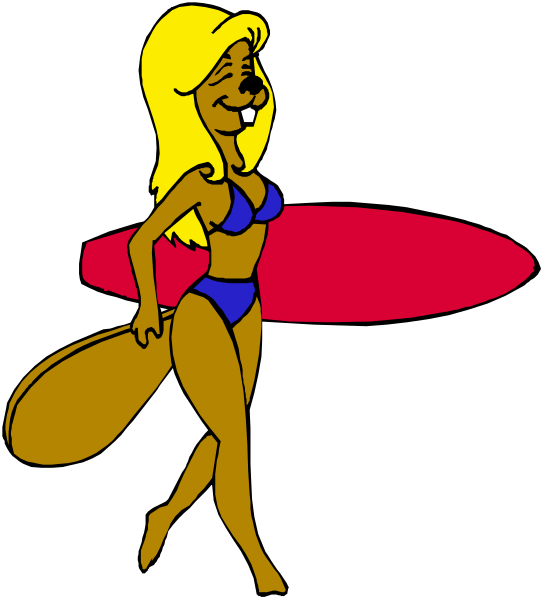The cartoon features a woman with blonde hair wearing blue bikini bottoms standing on top of an orange surfboard in front of black background.