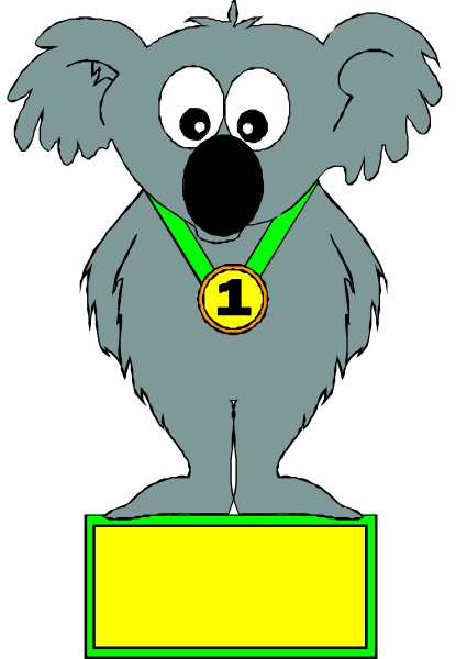 The image shows a cartoon koala standing on top of an award podium with its arms crossed over itself; it is wearing a medal around its neck that reads "1st" in black text against yellow background, and there's another smaller trophy next to it labeled "#2."