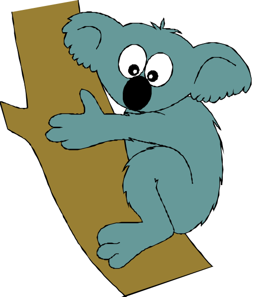 The cartoon shows a blue koala climbing up an upright piece of wood with its arms outstretched as if it's pointing at something off-screen to the right side of the image.