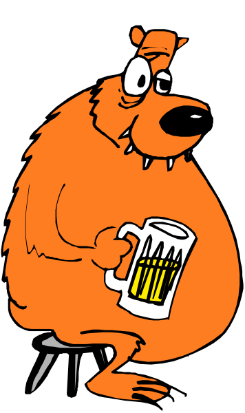 The cartoon shows an anthropomorphic orange bear holding a mug of beer while sitting at what appears to be a bar stool in front of a black background with white trim around it.