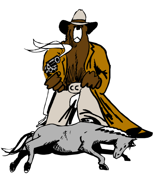 The black and white illustration features a man dressed as an old western cowboy riding on horseback with his dog at his side in front of him.
