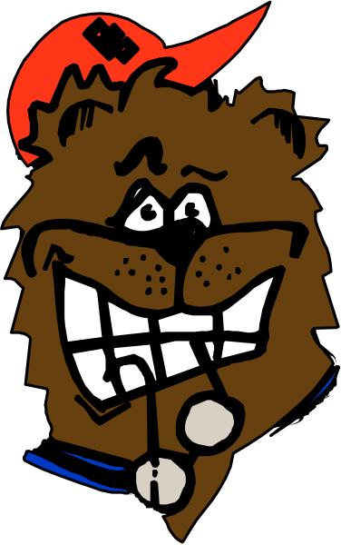 The image shows a cartoon of an anthropomorphic dog with human teeth features smiling broadly while holding what appears to be a microphone in its mouth; it has brown fur on top half of body, white underbelly and paws, black eyes, ears perked upwards, and is wearing blue pants.
