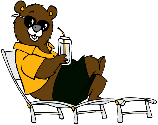 The cartoon depicts a brown bear sitting on white chairs at an outdoor location with sunglasses over its eyes holding a drink in one paw while wearing shorts and glasses.
