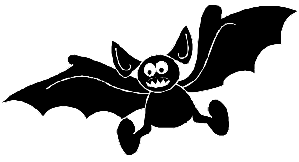 The black and white illustration shows a cartoon bat flying with its wings spread wide against an unseen background.