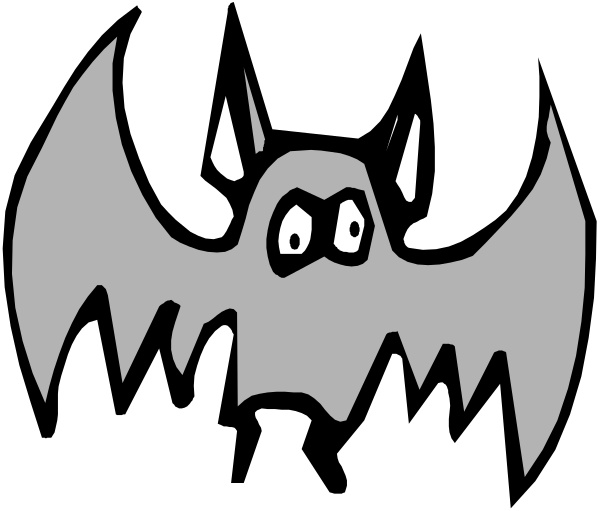 The black and white silhouette of a bat with an exaggeratedly large mouth showing teeth against a dark background.
