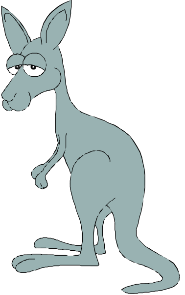 The image shows a cartoon kangaroo standing upright on its hind legs with an exaggeratedly large head looking to one side against a black background.