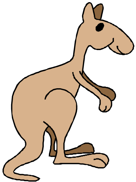The image shows a cartoon of an Australian kangaroo standing upright on its hind legs with front paws raised as if walking forward against a black background.
