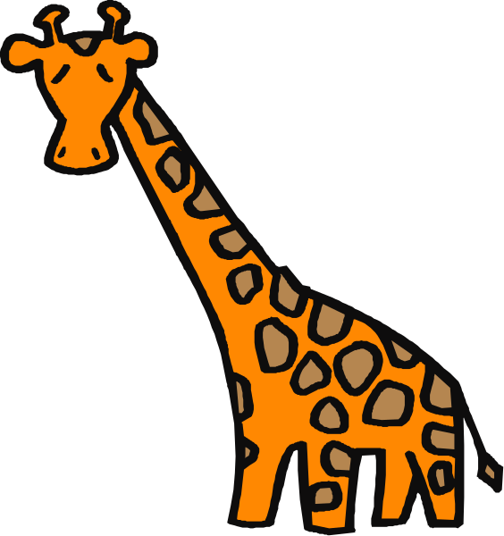 The image shows a cartoon of an orange giraffe standing next to what appears to be a pole with some sort of sign on it in front of which is another object that looks like a green plant.