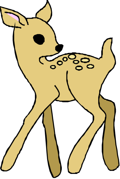 The image shows a cartoon of an animal that resembles a deer with spots on its body standing next to what appears to be another smaller creature which could possibly represent a fawn due to their size difference, and both animals have long ears typical for deers or similar species.