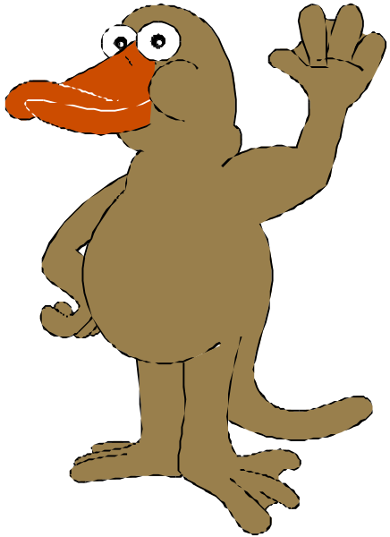 The image shows a cartoon of an anthropomorphic duck character waving with its right hand while standing upright on two legs in what appears to be a stylized outdoor environment.