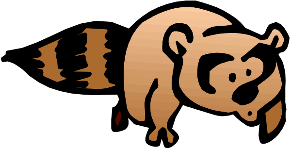 The image shows a cartoon raccoon with its tail up against an orange background.