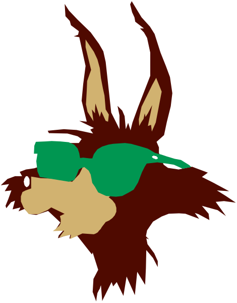 The image shows a cartoon dog wearing sunglasses with its tongue sticking out, standing against a black background.