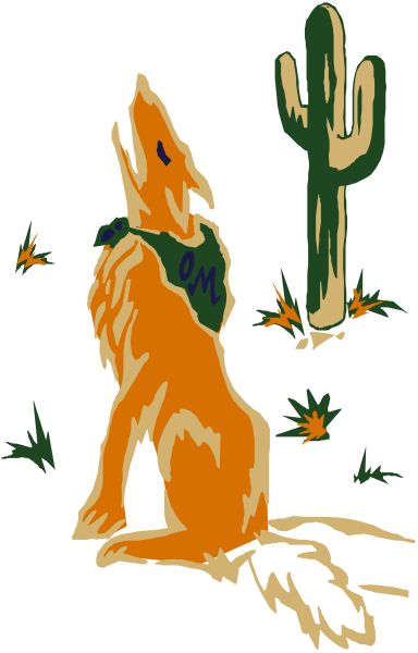 The image shows a cartoon depiction of an orange wolf standing on rocks with cacti behind it under what appears to be a clear sky at nighttime in front of mountains.